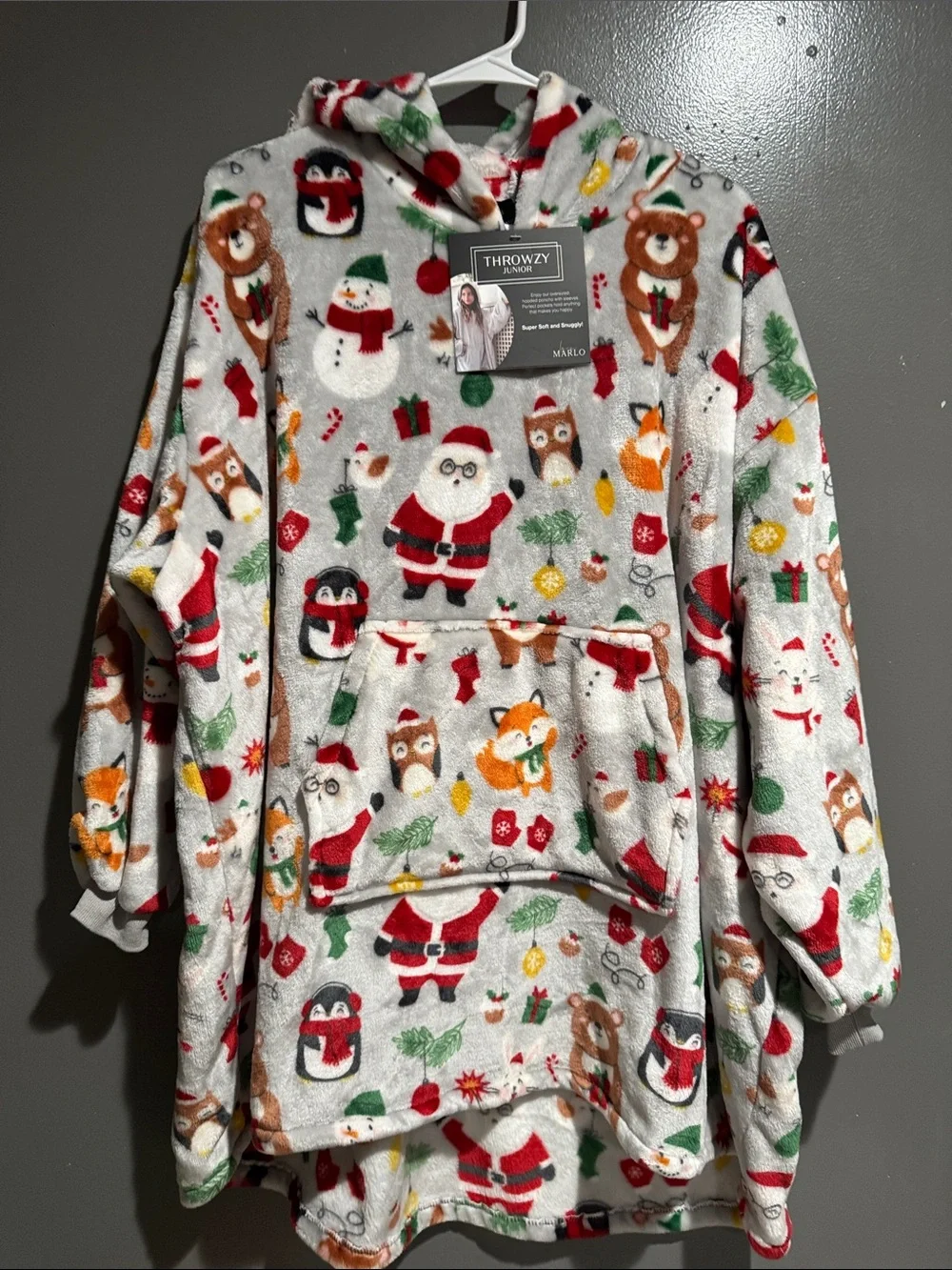 Throwzy Kids Holiday Crewneck Plush Pajama - White with Red & Green Print